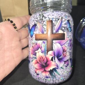 Floral Cross Accent Jar with Lid